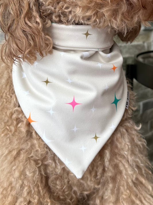 In the Stars dog bandana – breathable, stretchy, and handmade with snap closure. Perfect for stylish pups with star-quality charm.