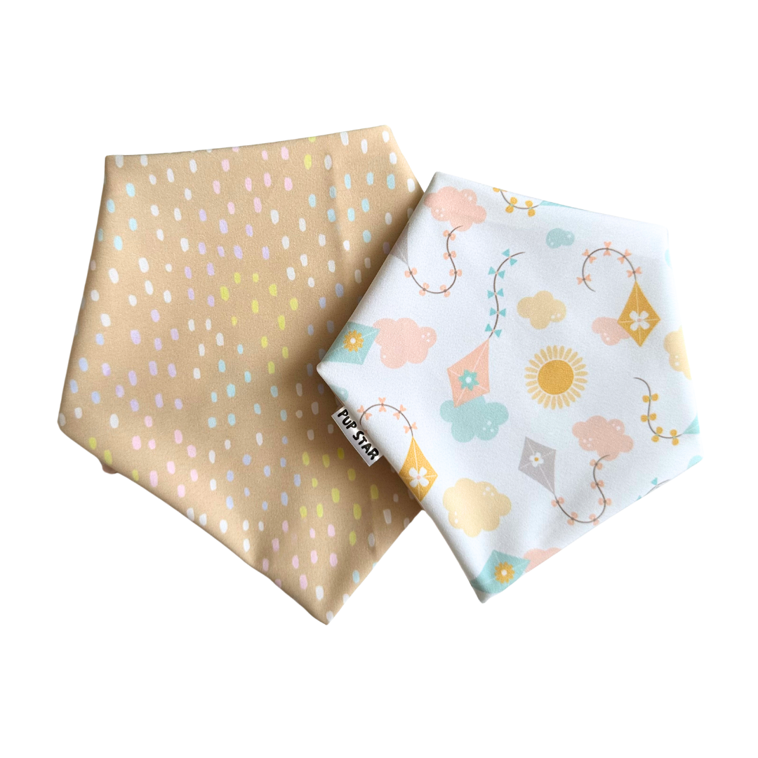 Reversible dog bandana with colorful sky-inspired prints — waterproof, lightweight, and full of joyful energy.