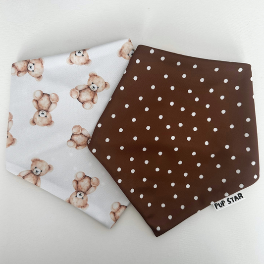 Our reversible bandana brings two adorable styles in one: one side with delicate polka dots and the other with a cute bear print. Made from polyester with sun protection, it’s lightweight, fresh, breathable, and comfortable — perfect for your pup to look amazing anytime.
📍 Handmade with love in Puerto Rico.