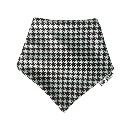 Adorable dog wearing the Green Houndstooth Dog Bandana, featuring a soft and breathable fabric with a classic green houndstooth pattern.
