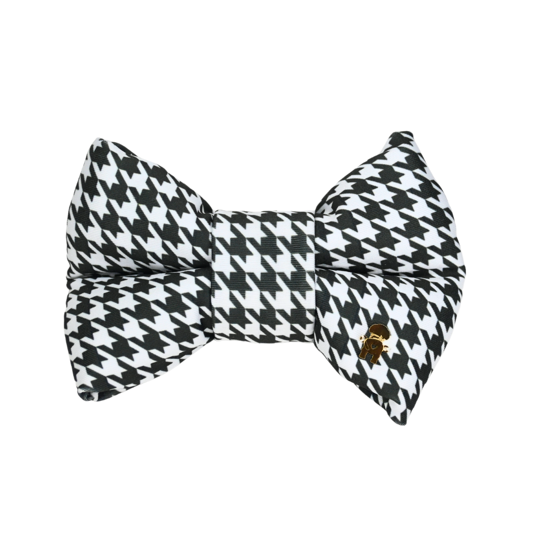 Dog bow tie in white and forest green houndstooth soft cotton, elastic attachment, and handmade for a timeless, elegant look.