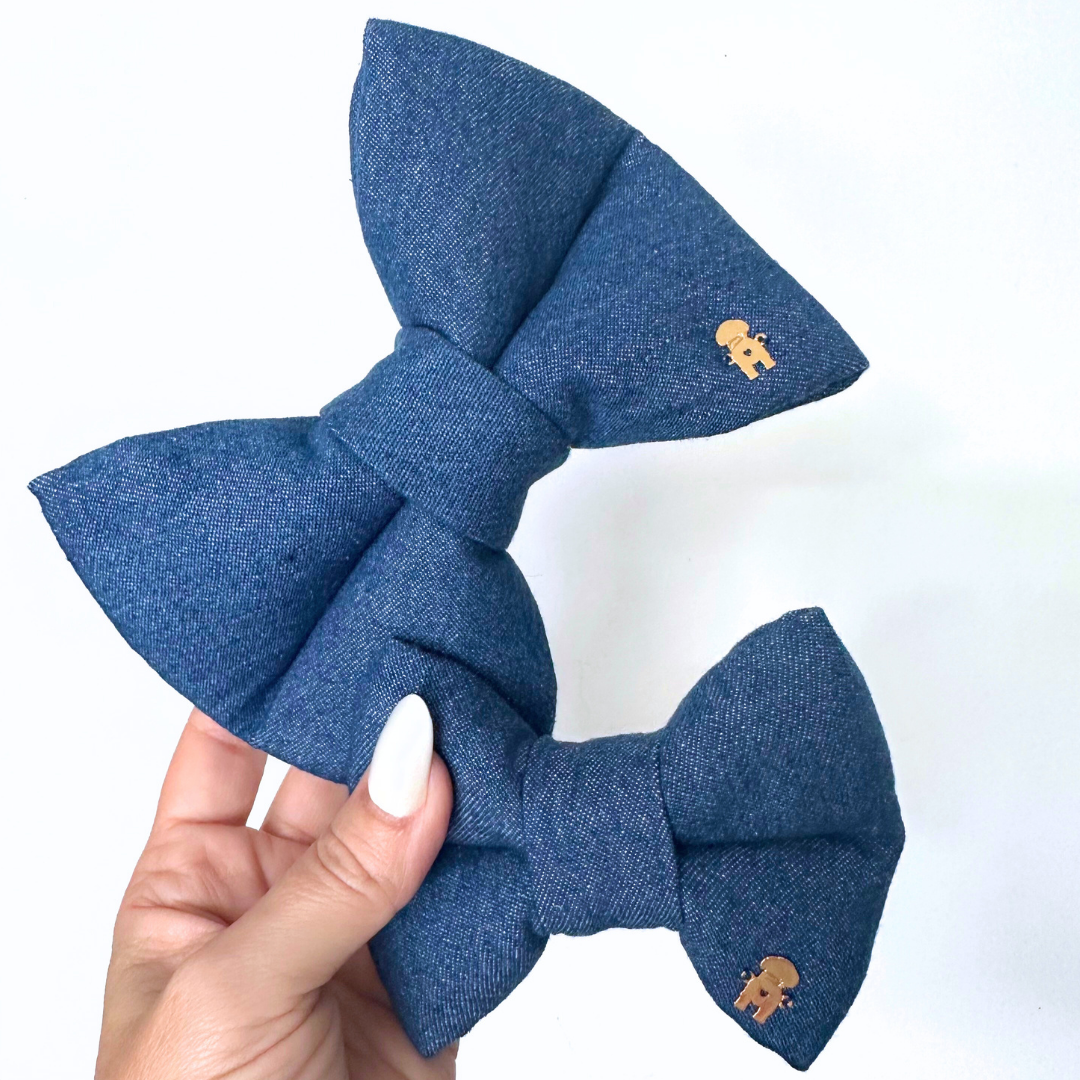 Denim bow tie with a classic look and modern twist. Easily slips onto your pup’s collar with an elastic band — stylish, comfy, and practical.